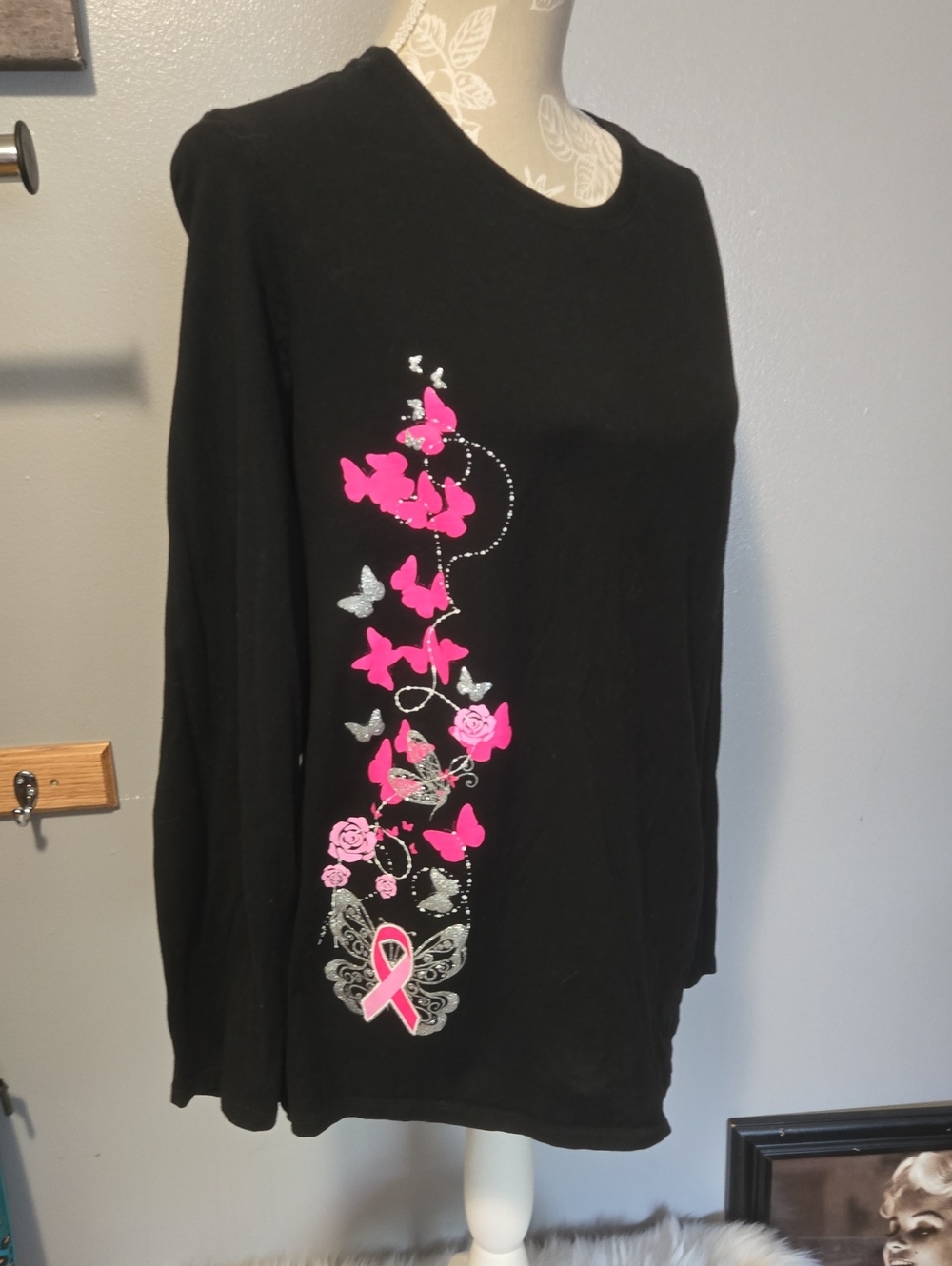 Women’s Black Long-Sleeve Tee with Pink Butterfly & Ribbon Graphic